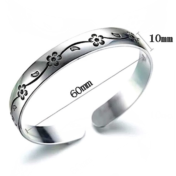 Flower Engraved Sterling Silver Cuff Bangle Bracelet - Picture 5 of 5
